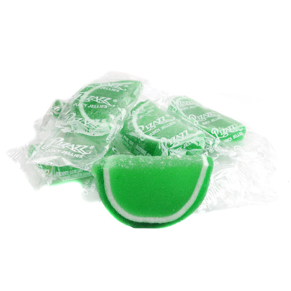 Green sour apple jelly fruit slices, individually wrapped in clear cellophane, sugar-drenched, approx 32 per pound.