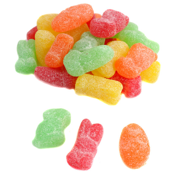 Vibrant Easter jelly candy mix. Assorted orange, red, yellow, green bunnies, eggs, carrots.