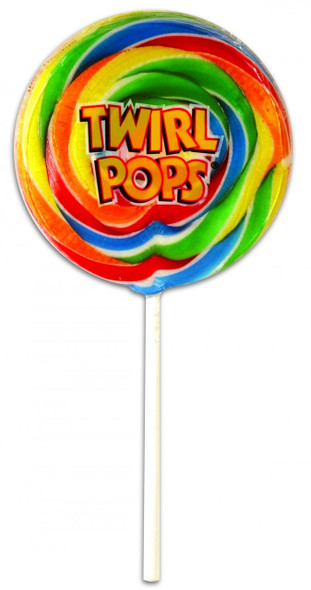 12 vibrant rainbow swirled Twirl Pops, 1.5oz each, 3.75-inch diameter. Colorful lollipops.