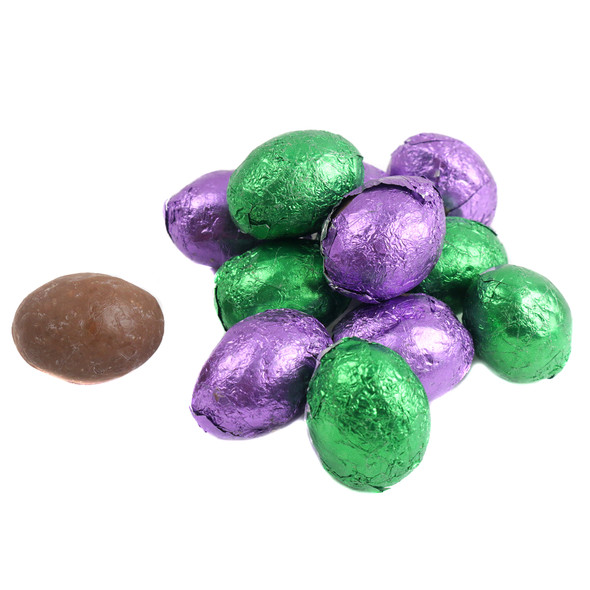 Palmer Double Crisp Easter Eggs, milk chocolatey crunchy, 94 pieces. Pastel blue, pink, purple, yellow foil, bunnies, ducks.