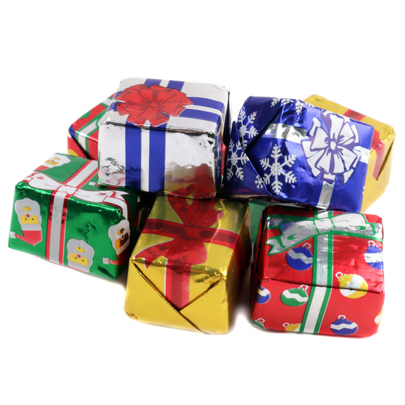Five assorted colorful foil-wrapped solid milk chocolate Christmas presents, approx 50 per pound, Madelaine.