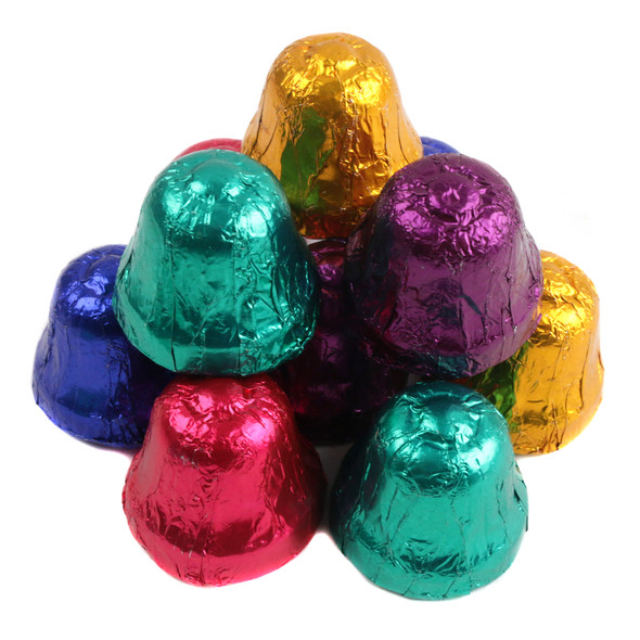 Dark Chocolate Christmas Bells, Madelaine, vibrant red, green, gold foil wrappers, approximately 60 bells per pound.