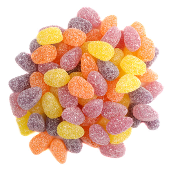 Colorful sweet and sour mini jelly Easter eggs, approximately 200 per pound. Chewy fruity candy for Easter and buffets.