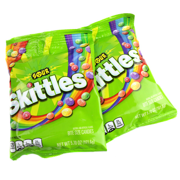 Sour Skittles 5.7oz bag. Colorful mix of red, green, yellow, orange, purple, bite-sized candies.