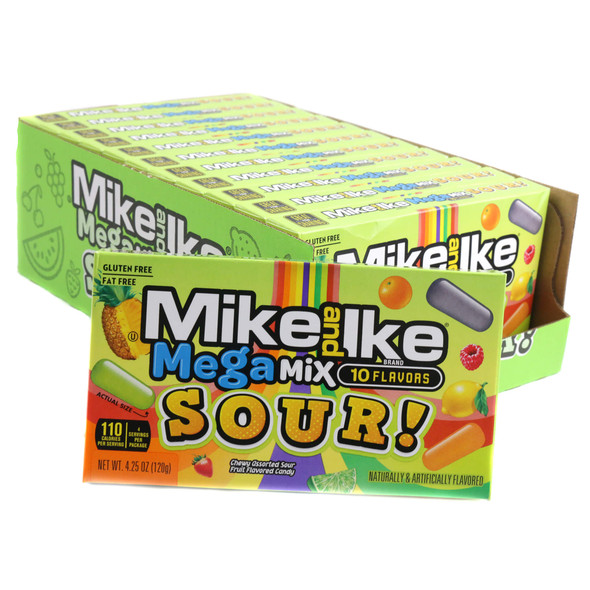 An assortment of bright, neon-colored Mike and Ike Mega Mix Sour chewy candies in shades of green, blue, pink, and yellow