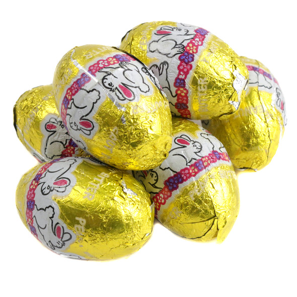 Palmer Peanut Butter Filled Easter Eggs, milk chocolate, smooth peanut butter, shiny assorted foil wrapped, approx 36 per pound.