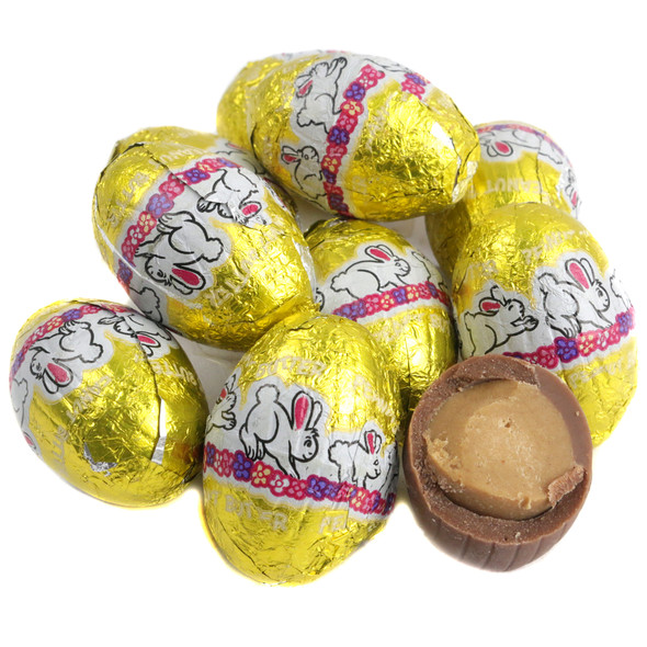 Palmer Peanut Butter Filled Easter Eggs, milk chocolate, smooth peanut butter center, shiny Easter foils. Approx 36 per pound.