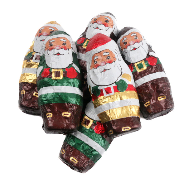 Miniature dark chocolate foil-wrapped Santas, festive foil, smiling Santa faces, approx. 50 per pound.