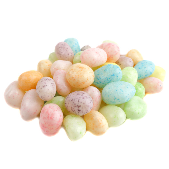Sweet speckled pastel jelly beans, assorted colors: yellow, green, orange, pink, purple. Classic Easter candy.
