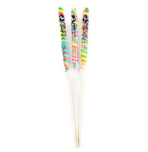 12 large 18-inch Unicorn Lollipops with vibrant rainbow swirled colors.