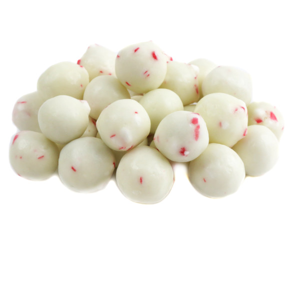 Small Peppermint Chocolate Bites, white chocolate coated, with red & white crushed candy canes, approx 1/2 inch, 160 per pound.