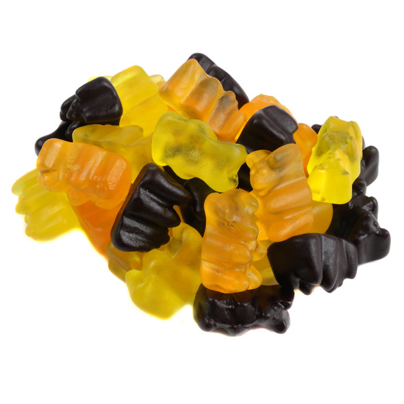 Autumn Halloween Gummy Bears, 1 inch, assorted orange, lemon, black currant colors. Approx 60 bears per pound.