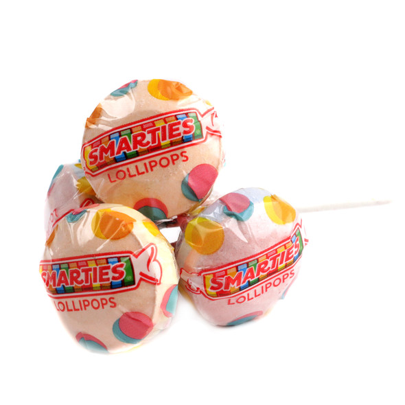 Smarties Double Lollies, individually wrapped, featuring two fruity pastel colors per lollipop. Approx 52 lollipops per pound.