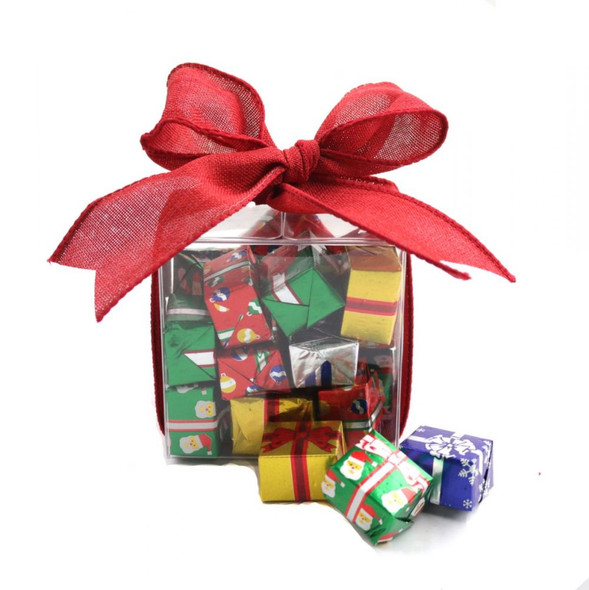 Madelaine 1/2lb solid milk chocolate Christmas mini presents, foil-wrapped in festive colors, treat cube.