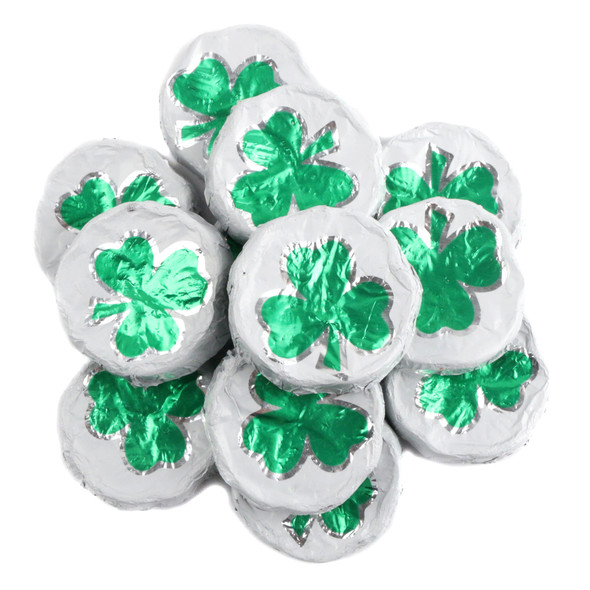 55+ solid milk chocolate discs, individually wrapped in white foil with bright green shamrocks, perfect St. Patrick's Day candy.