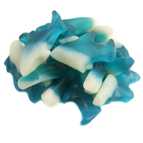 Gummy Sharks with white fins, red cherry, green lemon-lime, blue raspberry candy, USA made