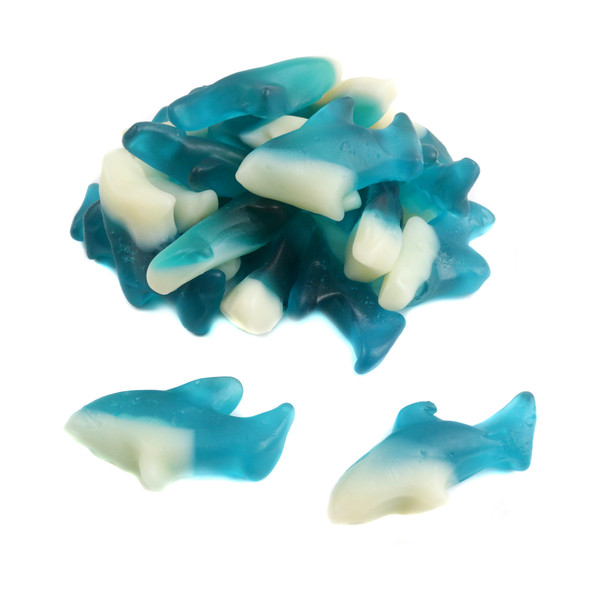 Gummy Sharks, white fin, vibrant red cherry, green lemon-lime, blue raspberry candy. Made in USA.