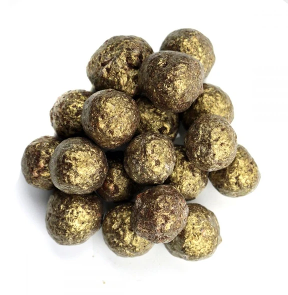 Koppers Sparkling Prosecco gold shimmer chocolate cordials, brown, round, 0.6 inch, liquid center.