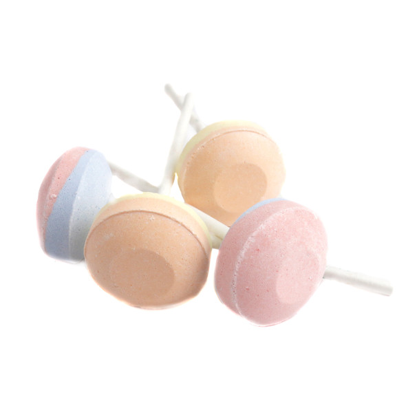 Unwrapped Smarties lollies, approximately 50 pastel-colored, two-flavor vegan lollipops per pound, fruity.