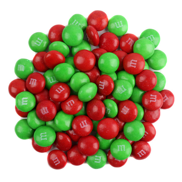 Christmas M&M's, bright red and green chocolate candies, approx 500 per pound, for festive holiday celebrations.