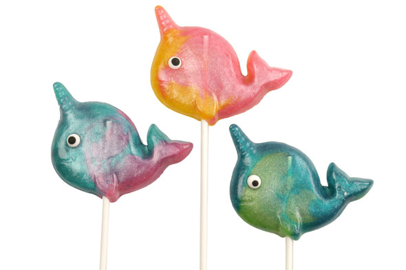6 Glitter Swirl Narwhal Lollipops, pink, yellow, purple, blue swirls, edible candy glitter, individually wrapped.