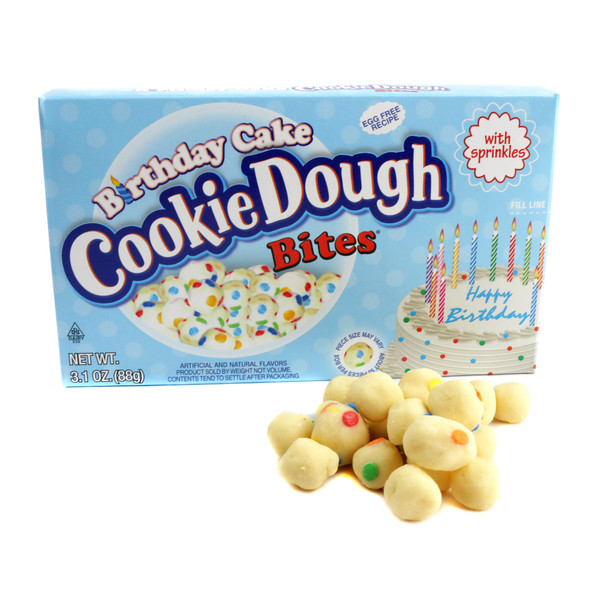 Cookie Dough Bites Birthday Cake 12 pack, tasty morsels with creamy white frosting & colorful sprinkles.