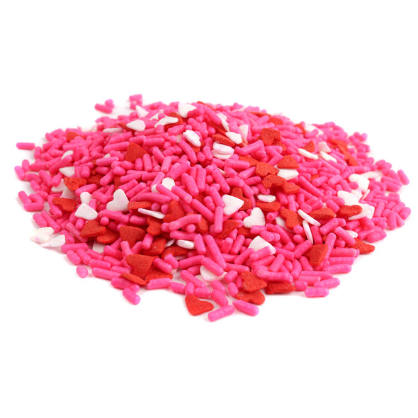 Valentine Hearts and Sprinkle Mix. Soft pink sprinkles, small red, white heart candies for festive desserts.
