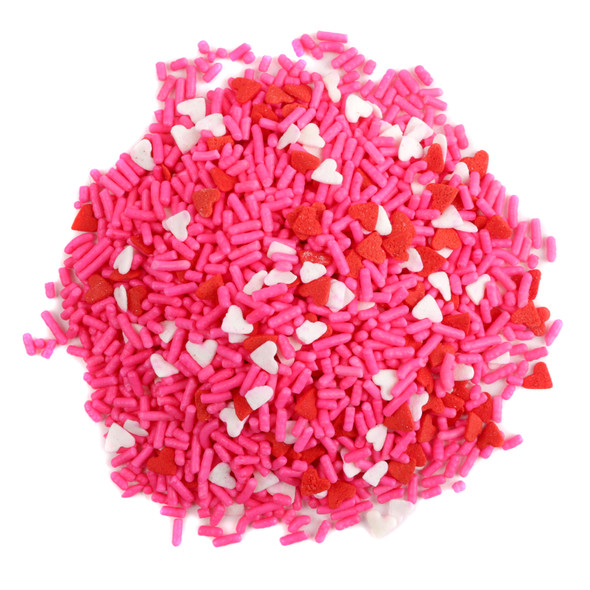 Valentine Hearts and Sprinkle Mix, soft pink sprinkles, small red, white heart candies.
