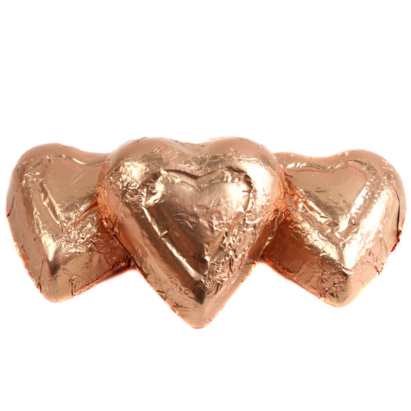 Dark chocolate hearts, approx. 60 per pound, wrapped in elegant bronze gold foil. Made in USA by Madelaine Chocolate Co.