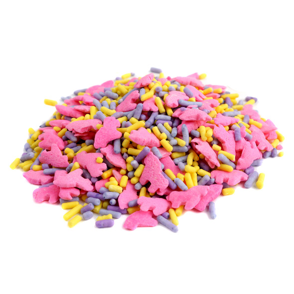 Unicorn Sprinkles, pastel purple, yellow mix with adorable unicorn shapes for cake, cookie, and cupcake decorations.