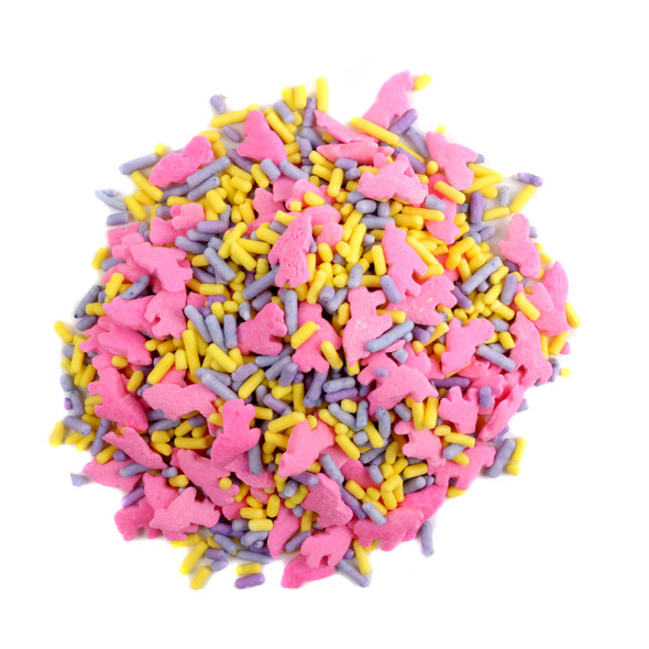 Pastel purple, yellow Unicorn Sprinkles with adorable unicorn shapes, perfect for cakes, cookies, and cupcakes.