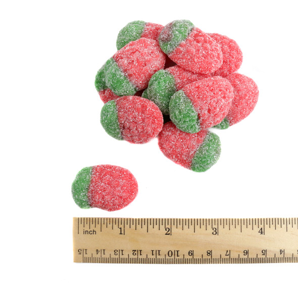 Vibrant red, tangy Gummy Sour Strawberries, approx 70 pieces per pound, premium quality Spanish candy.