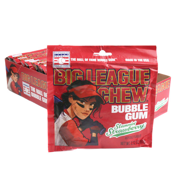Vibrant red Big League Chew Slammin' Strawberry shredded bubble gum in a baseball-themed foil pouch.