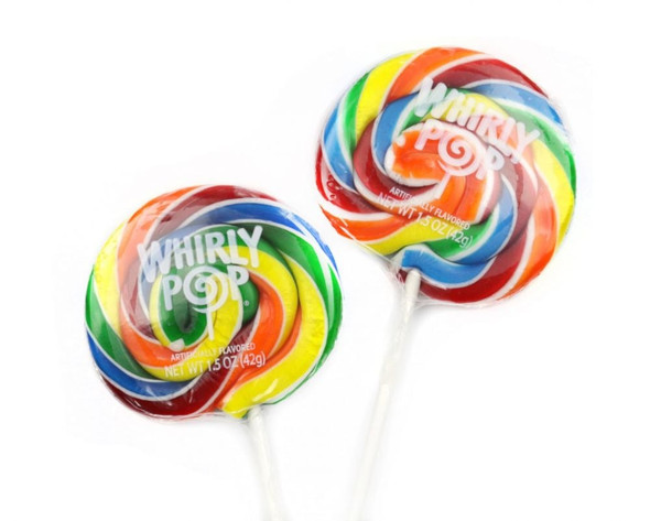 12 Whirly Pop Rainbow Lollipops, 3 inch diameter, vibrant spiral colors. Gluten-free candy.