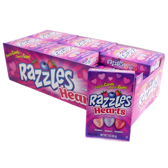 Valentine Razzles Hearts, 24 individual 2oz packs, assorted red, pink, purple heart-shaped candy.