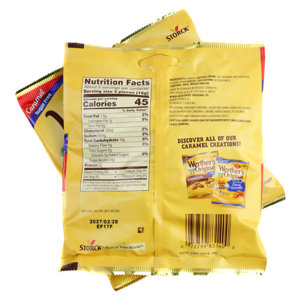 Werther's Original Sugar Free hard candy bag, 2.75oz, individually wrapped gold candies.