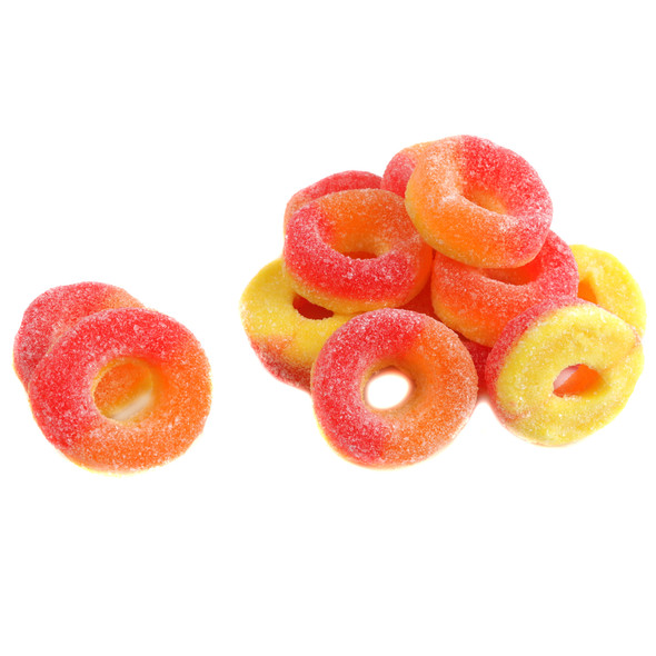 Mouth-watering orange Gummy Peach Rings with light sanded sugar coating. Approx 55 rings per pound.