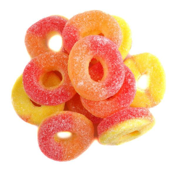 Orange Gummy Peach Rings with sanded sugar coating, Kervan Candy, approx 55 per pound.
