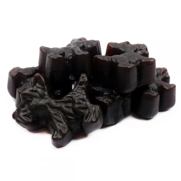 Jelly Belly black licorice Scottie dog candies, chewy 1.5 inch dog shapes, approx 62 per pound.