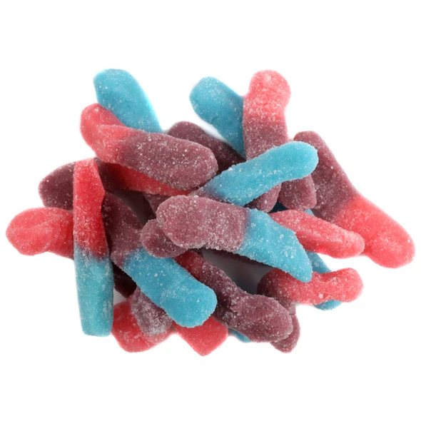 Colorful Trolli Very Berry Gummy Worms, approx. 100 per pound, with red, blue, purple raspberry, strawberry, blackberry flavors.
