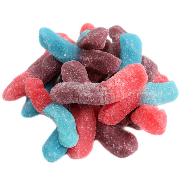 Trolli Very Berry Gummy Worms, 100 per pound. Red, blue, purple, and pink worms with raspberry, blueberry, strawberry, blackberry flavors.