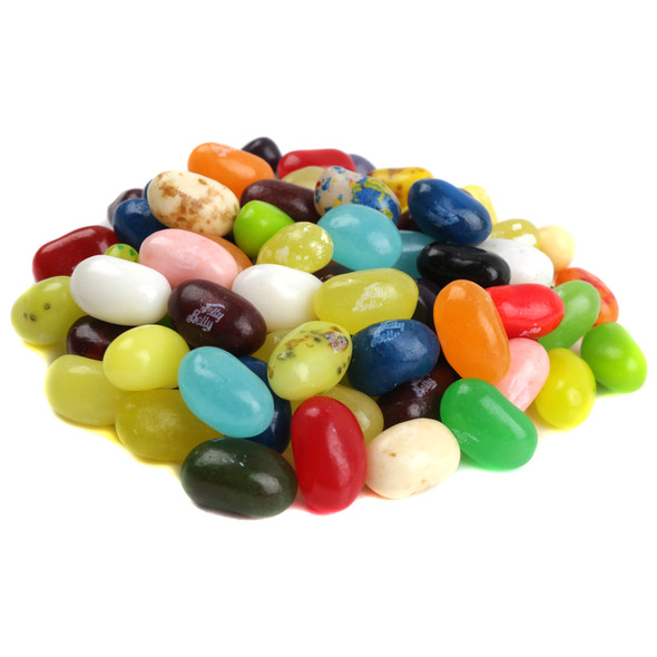 Vibrant Jelly Belly 49 flavor assortment, 400+ colorful fruity jelly beans including Juicy Pear, Tutti-Fruitti, Buttered Popcorn.