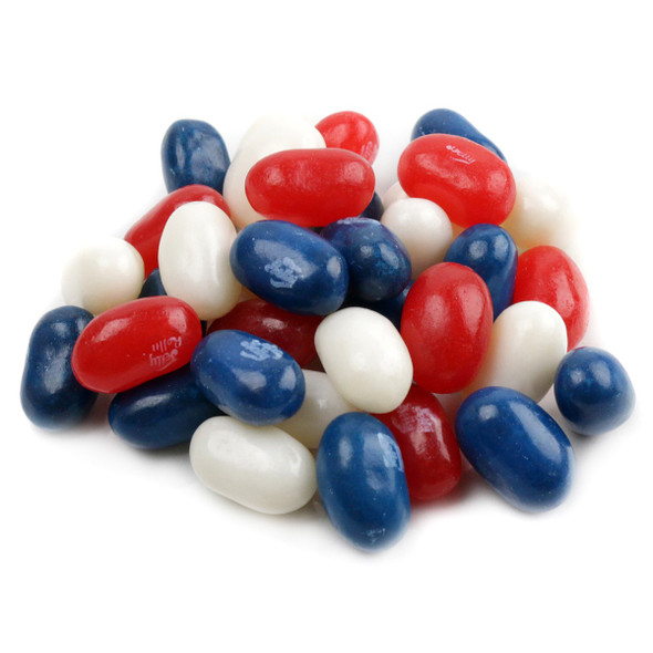 Jelly Belly Patriotic Mix jelly beans, red, white, blue. Very Cherry, Blueberry, Coconut, Made in USA.
