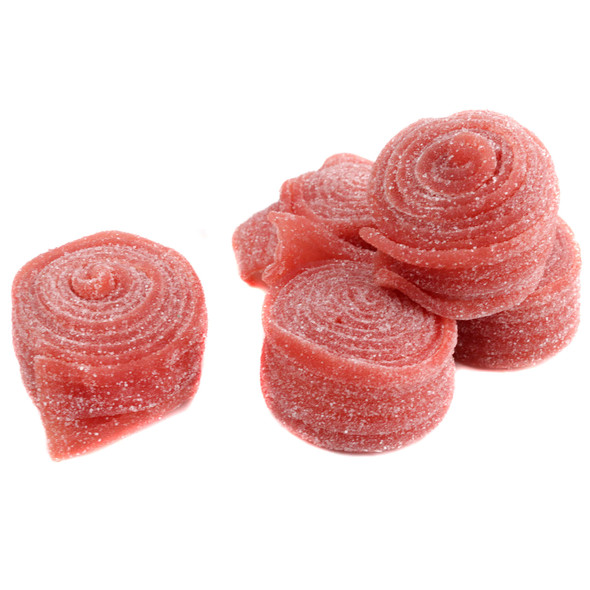 Vibrant red strawberry sour rolled belts, sugar-dusted, approx. 12 tangy sour gummy rolls per pound.