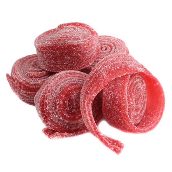 Vibrant red strawberry sour rolled belts, sugar-dusted. Tangy sweet strips, approx 12 per pound.