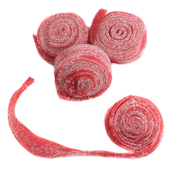 Vibrant red strawberry sour rolled belts, sugar-dusted, approx. 12 tangy sour gummy rolls per pound.