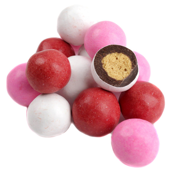 Valentine's red, white, pink candy-coated dark chocolate malt balls, Made in USA.
