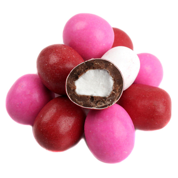 Valentine Chocolate Covered Marshmallows, smooth milk chocolate, thin festive candy shells.