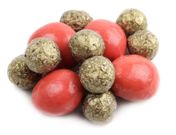 Gold shimmer dark chocolate prosecco cordials, milk chocolate pastel strawberry chocolates, approx 65 per pound.