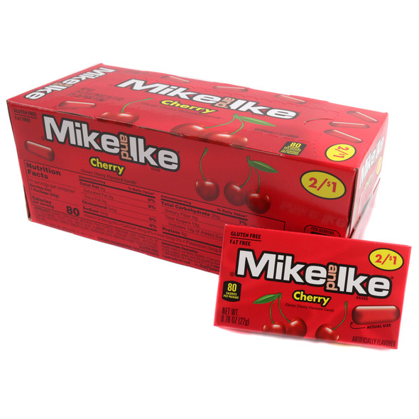 Back label of Mike and Ike Cherry candy box showing nutritional facts, ingredient list, and allergen warnings.